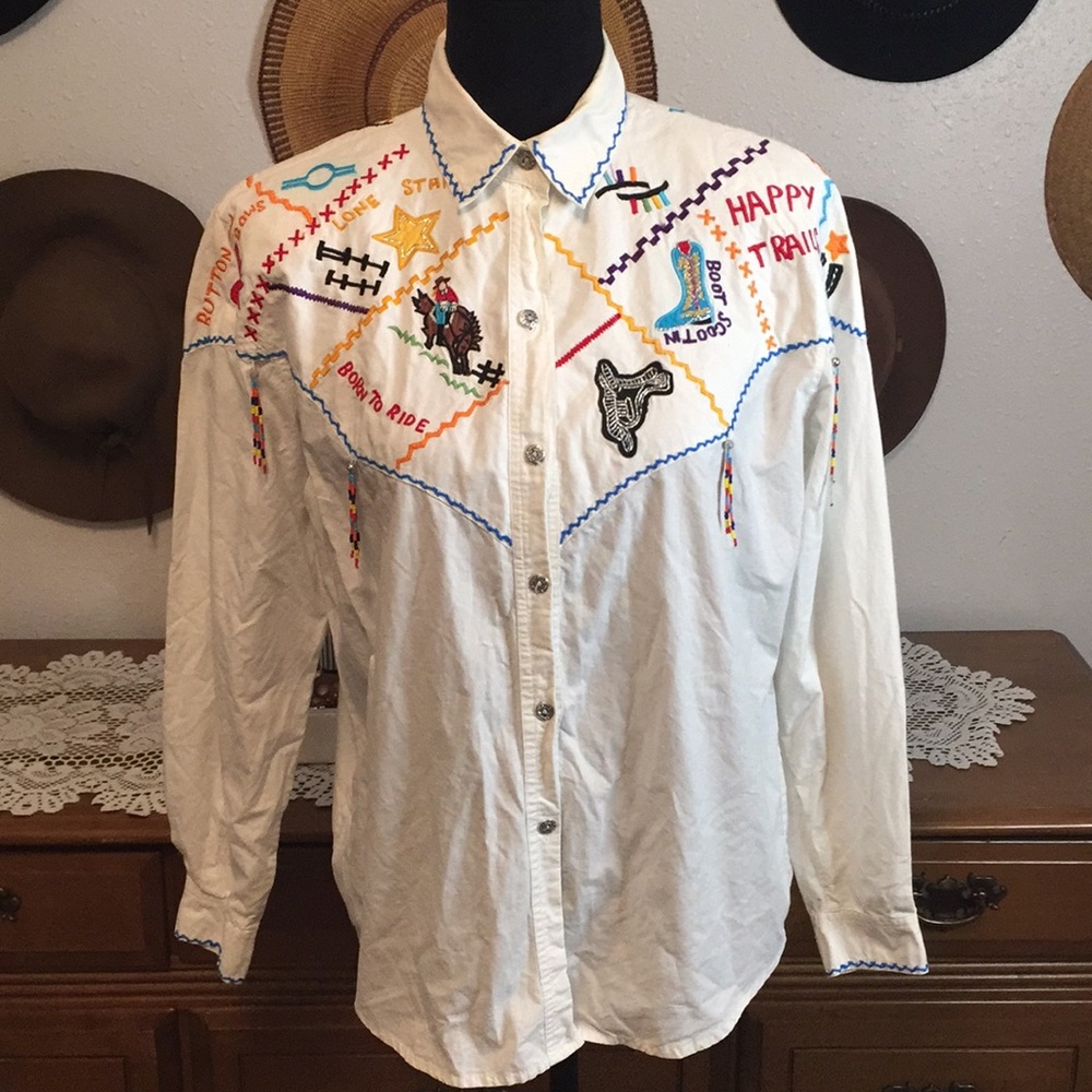 VTG Embroidered Beaded Western Happy Trails Top